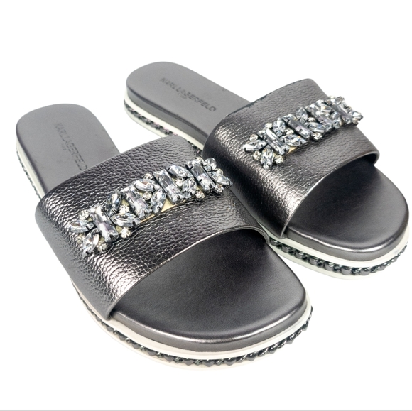 Karl Lagerfeld Paris Bijou Embellished Slide Sandal Silver - Picture 3 of 5